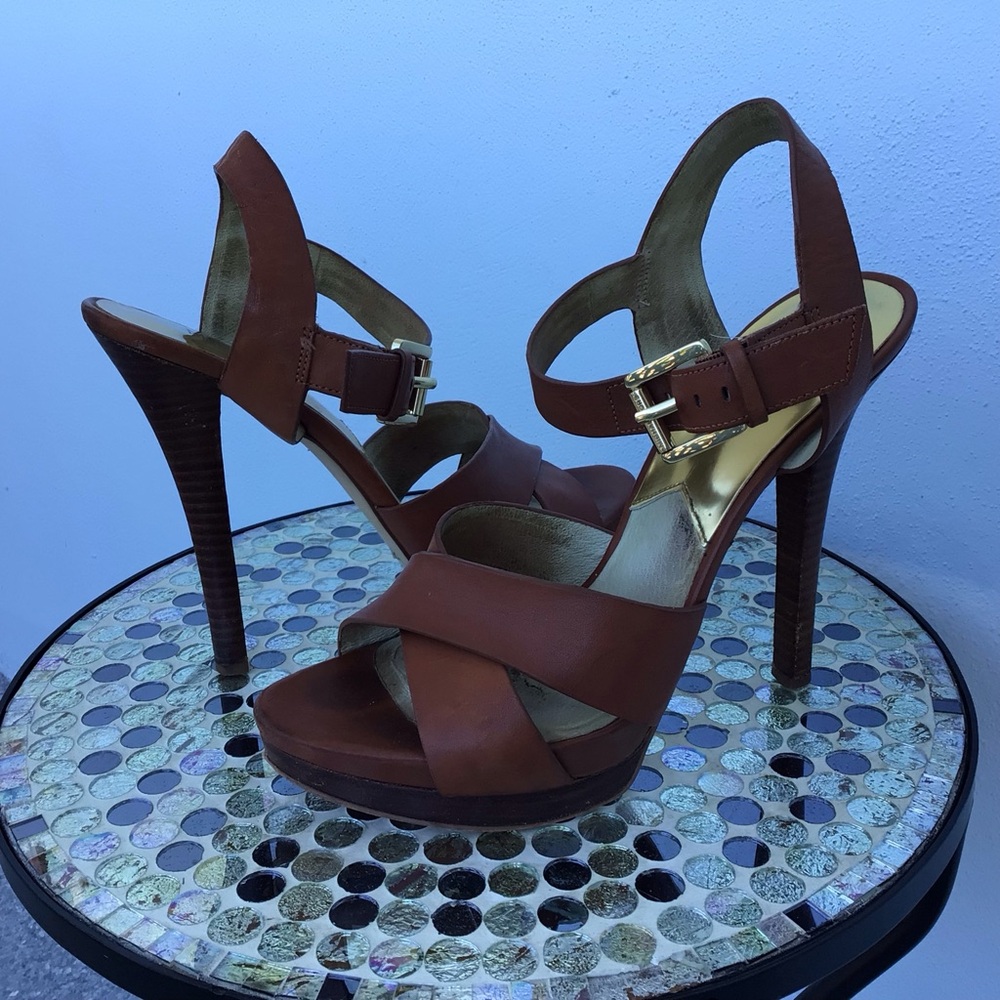 Michael Kors Women's Leather High Heeled Strappy Sandals with Signature Hardware - Picture 8 of 15
